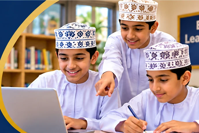 Omani boys in traditional dishdashas and kumma caps learning English together in a classroom