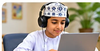Omani student practising English listening on a laptop with headphones