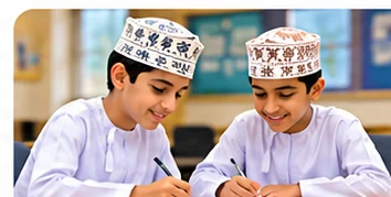Two Omani students working together on an English task