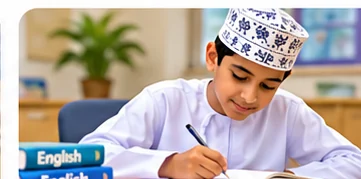 Omani student writing in an English exercise book